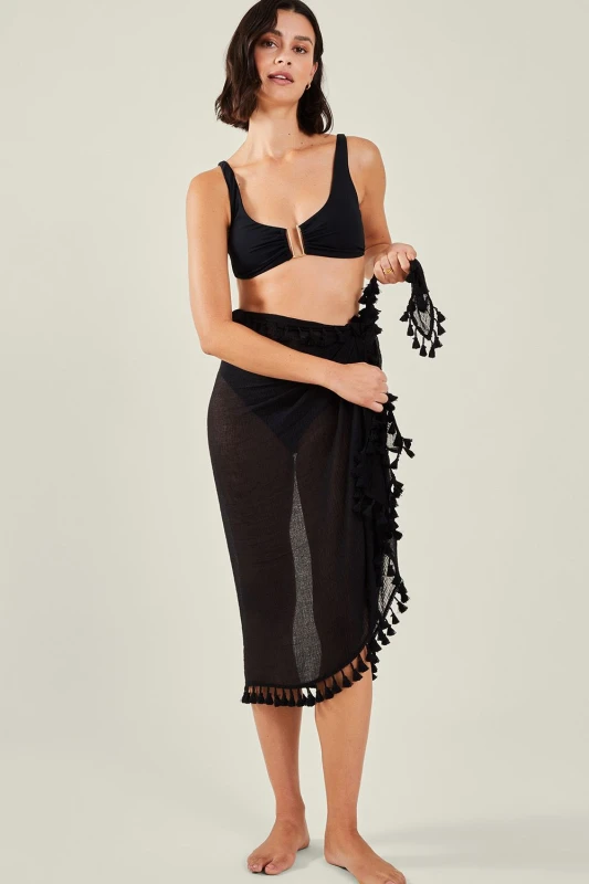 Image of Accessorize Womens Tassel Trim Sarong in Black Female One Size