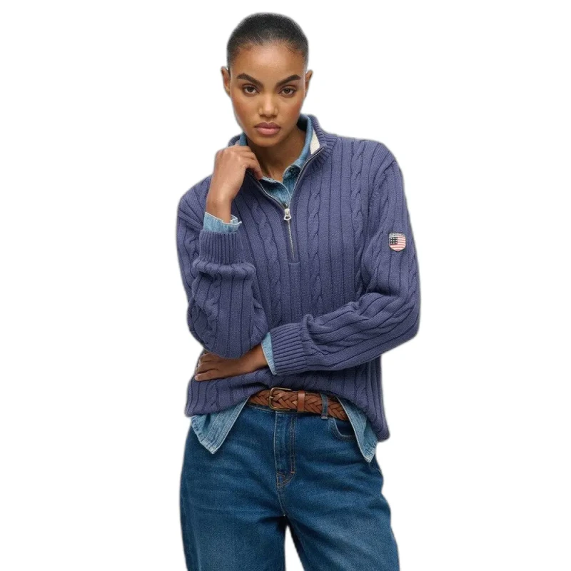 Image of Superdry Casual womens half-zip twisted knit jumper Superdry Bleu Female L