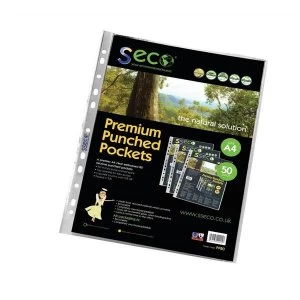 image of Seco Oxo-biodegradable A4 Polypropylene Punched Pockets Clear Multipunched Pack of 50