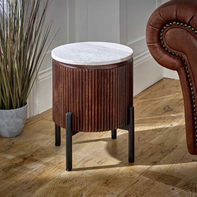 Image of Indian Hub Opal Mango Wood Side Table With Marble Top & Metal Legs