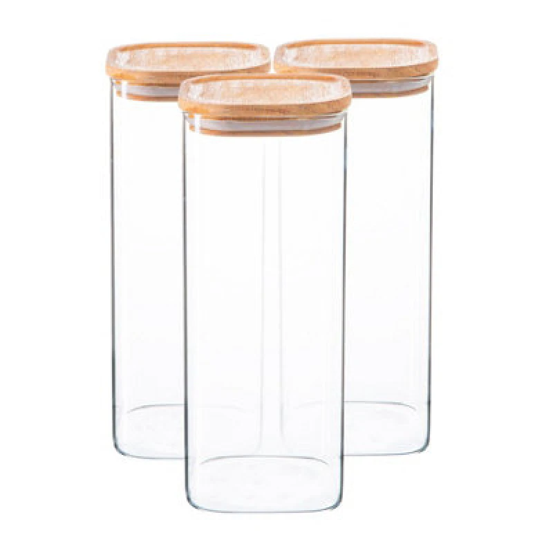 Image of Argon Tableware Square Glass Storage Jars with Wooden Lids 1.9 Litre Pack of 3 Clear