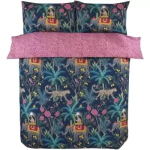 Image of Jungle Expedition Navy Single Duvet Cover Set, Reversible Bedding Bed Quilt Set - Navy
