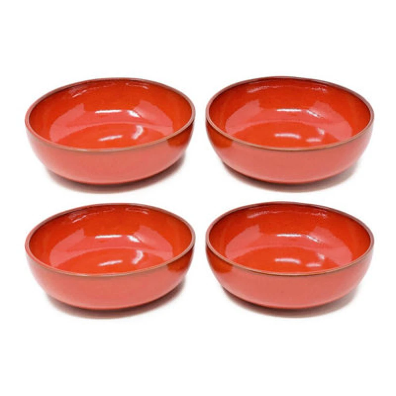Image of Verano Spanish Ceramics Selena Glazed Hand Dipped Kitchen Dining Set Of 4 Shallow Bowls Red (Diam) 14Cm