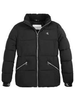 Image of Calvin Klein Jeans Girls Stretch Logo Padded Jacket - Black, Size 16 Years, Women