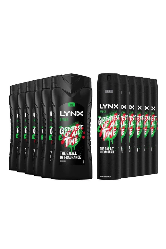 Image of Lynx Mens Africa Shower Gel 500ml 6 Pack with BodySpray 250ml 6 Pack in Black Male