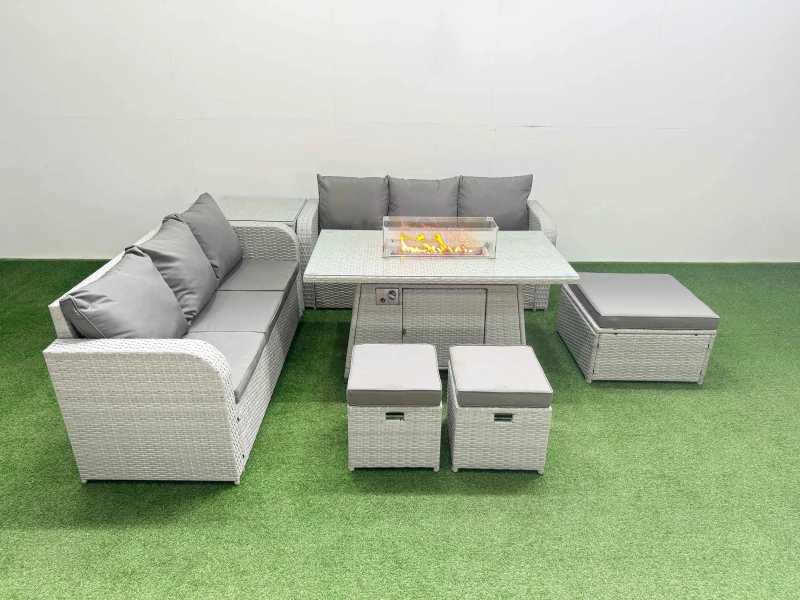 Image of Fimous Outdoor Garden Furniture Sets 9 Seater Wicker Rattan Furniture Sofa Sets with Firepit Dining Table high Back Lounge Sofa 3 Stools Side Table Li