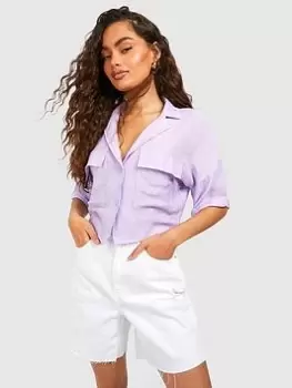 Image of Boohoo Oversized Linen Shirt - Purple, Purple, Size 6, Women
