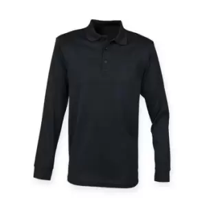 image of Henbury Adults Unisex Long Sleeve Coolplus Piqu Polo Shirt (3XL) (Black)