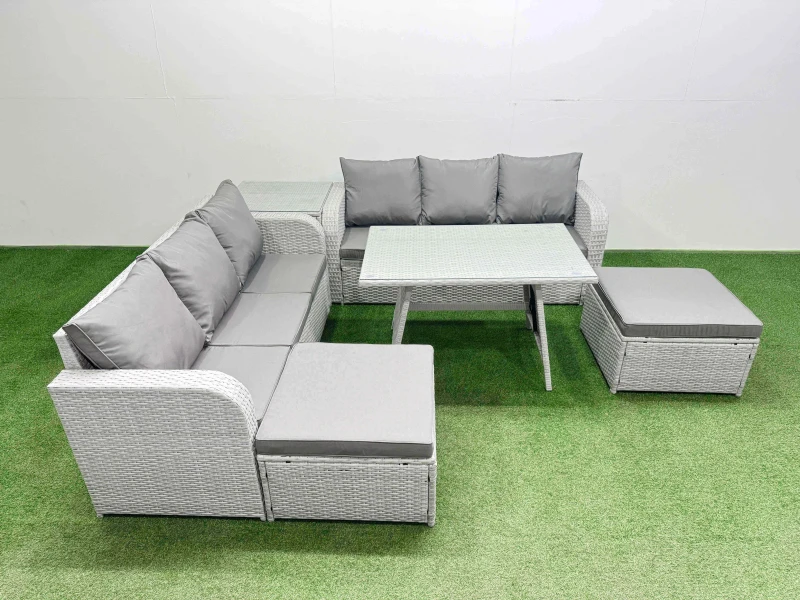 Image of Fimous Rattan High Back Lounge Sofa Set with 3 Seater Sofa Side Table 2 Stool in Light Grey Light Grey Unisex