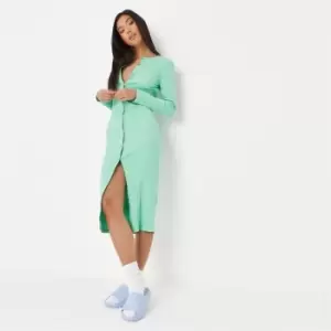 Missguided Rib Button Through Midi Dress - Green