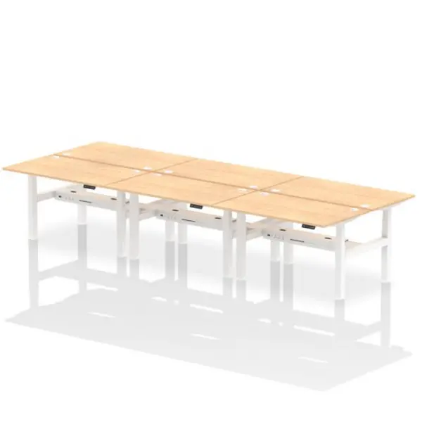 Image of Air Air Back-to-Back 1400 x 800mm Height Adjustable 6 Person Bench Desk Maple Top with Cable Ports White Frame HASCP6P14800MPEW
