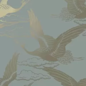 image of Holden Decor Metallic Cranes Blue Wallpaper