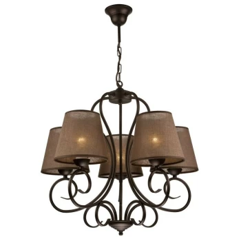 Image of Lamkur Lighting - Lorenzo Multi Arm Pendant Ceiling Light, Fabric Shade, Brown, 5x E27