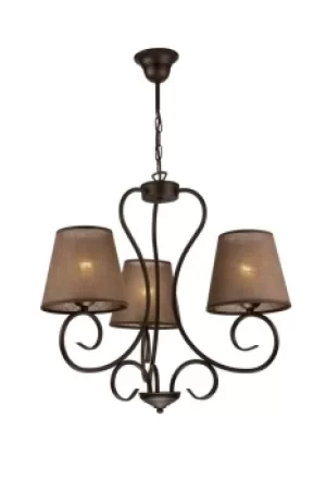 Image of Lorenzo Multi Arm Pendant Ceiling Light, Fabric Shade, Brown, 3x E27