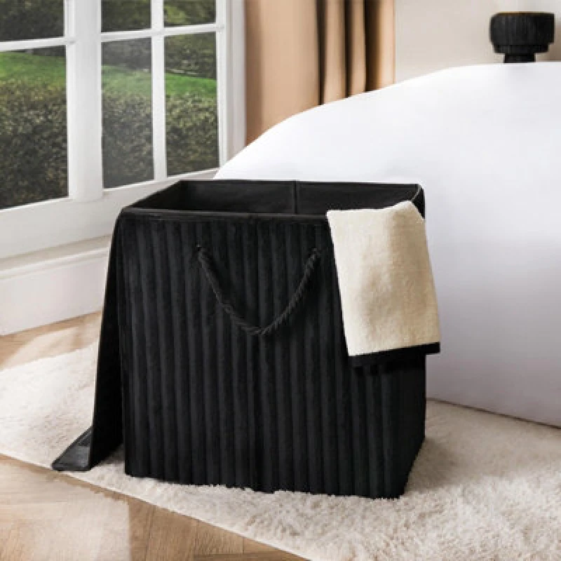 Image of OHS OHS Ribbed Faux Fur Folding Laundry Basket Bag with Lid in Black One Size Unisex 5027434225675
