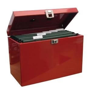 Image of Steel Home File Box Red with 5 Suspension Files 2 Keys and Index Tabs