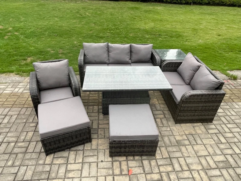Image of Fimous Rattan Outdoor Furniture Garden Dining Set Patio Height Adjustable Rising lifting Table Reclining Chair Sofa With 2 Big Footstool Dark Grey