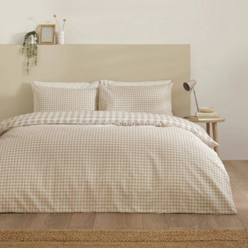 Image of Catherine Lansfield Bamford Gingham Check Reversible King Duvet Cover Set With Pillowcases Natural