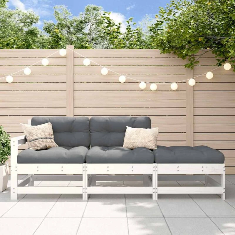 Image of vidaXL 3 Piece Garden Lounge Set with Cushions White Solid Wood, White 825598
