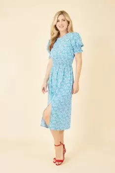 Image of Blue Floral Print Shirred Waist Midi Dress