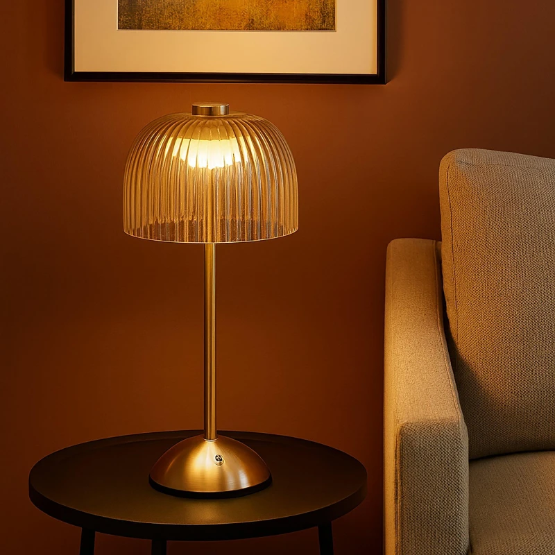 Image of Lighting Collection Amber Glass LED Rechargable Table Lamp Gold unisex One size