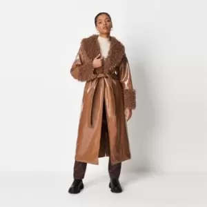 image of Missguided Fur Mix Belted Vinyl Trench - Brown