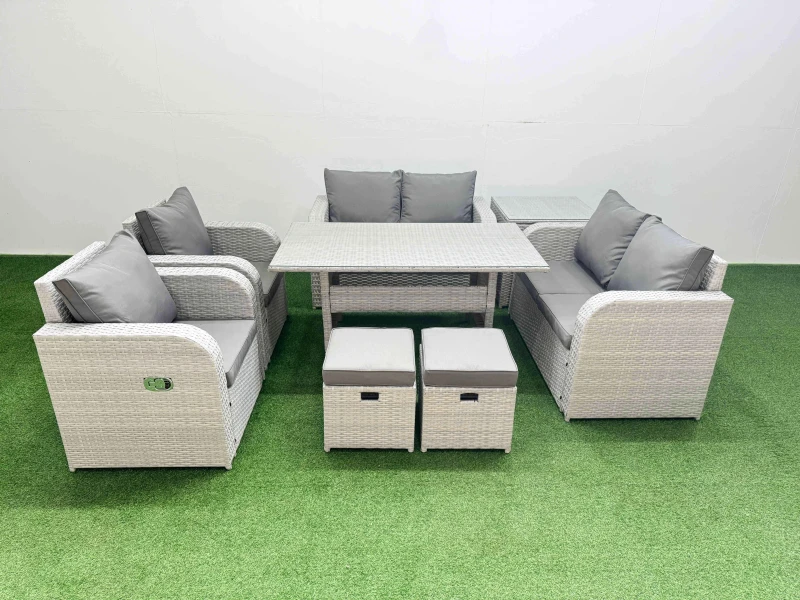 Image of Fimous 8 Seater Outdoor Reclining Chair Love Sofa Set Rattan Garden Furniture Set with Rectangular Dining Table 2 Stools Side Table Light Grey Light G