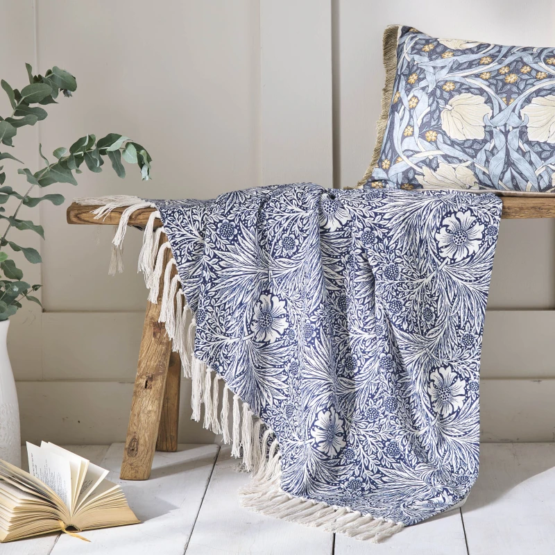 Image of William Morris At Home Marigold 130cm x 170cm Throw Indigo Blue