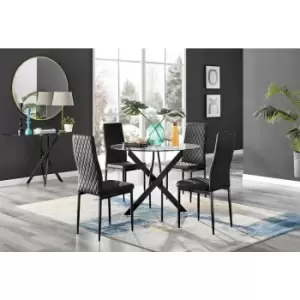 Image of Furniturebox UK - Furniturebox Novara Black Leg 120cm Round Glass Dining Table & 4 Black Milan Velvet Dining Chairs With Black Legs Diamond Stitch