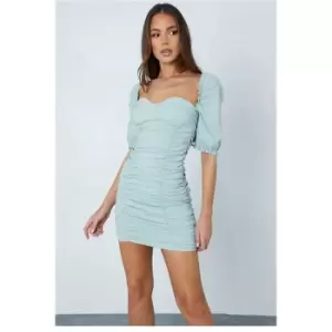 Image of I Saw It First Sage Bengaline Puff Sleeve Ruched Milkmaid Dress - Green