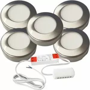 Image of 5x brushed nickel Round Surface or Flush Under Cabinet Kitchen Light & Driver Kit - Natural White led