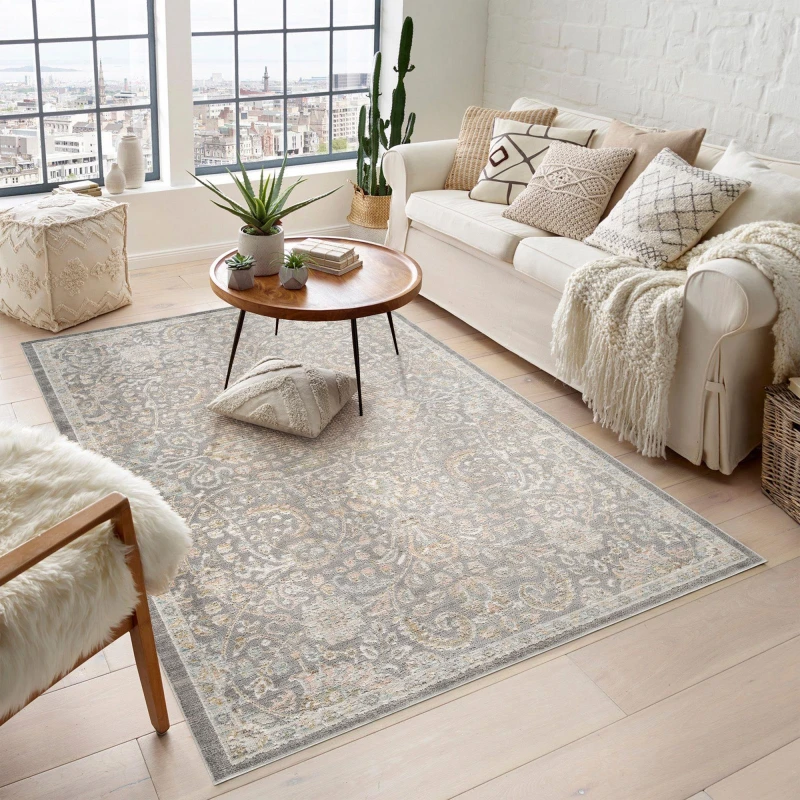 Image of Maia Washable Low Pile Non Slip Blossom Traditional Area Rug - Grey, 120 X 180 Cm (Rectangular)