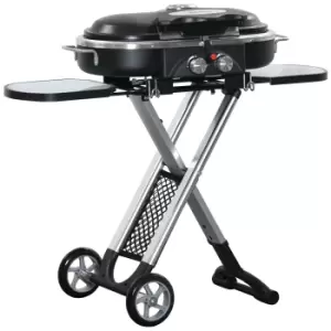 image of Outsunny Foldable Gas BBQ Grill 2 Burner Garden Barbecue Trolley w/ Lid Side Shelves Storage Pocket Piezo Ignition Thermometer, Aluminium Alloy