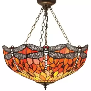 image of Interiors Dragonfly Flame - 3 Light Medium Inverted Ceiling Pendant Bronze, Dragonfly Tiffany Glass, E27