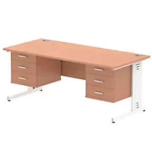 Image of Dynamic Rectangular Office Desk Beech MFC Cable Managed Cantilever Leg White Frame Impulse 2 x 3 Drawer Fixed Ped 1800 x 800 x 730mm