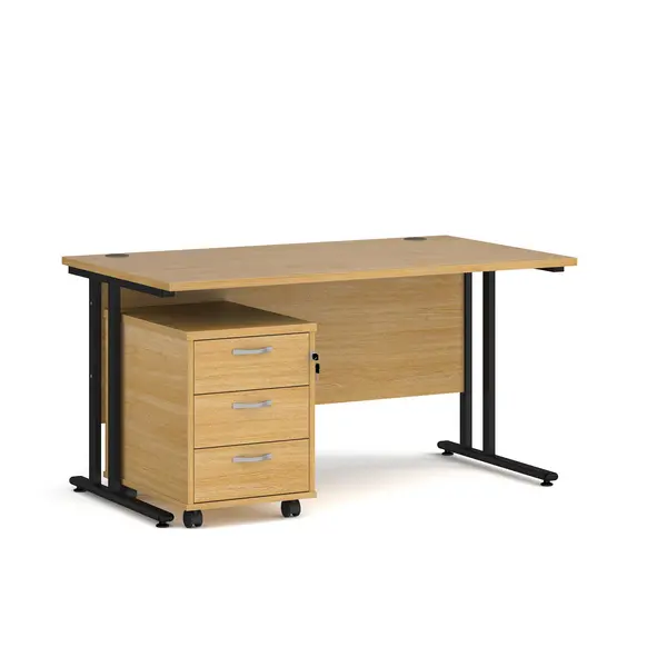 image of Maestro 25 Straight Desk Black Frame Oak Table Top and 3 Drawer Pedestal - 1400mm