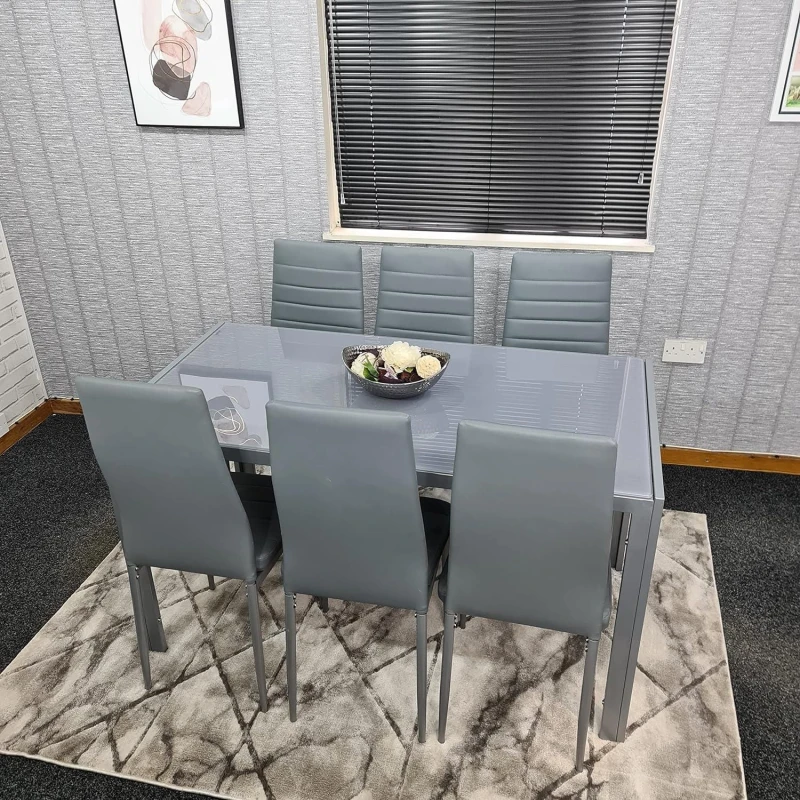 Image of KOSY KOALA KOSY KOALA Dining Table and 6 Chairs Grey Glass 6 Leather Chairs Dining Room Furniture Grey One Size Unisex 5060711584317
