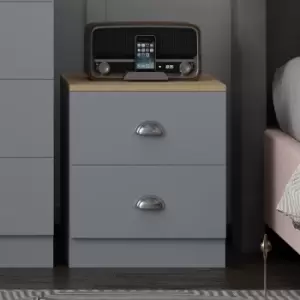 Image of 2 Drawer Bedside Cabinet Matt Grey Oak Bedroom Furniture Metal Cup Handles - Grey