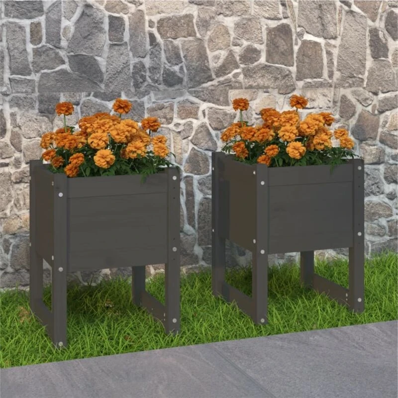 Image of vidaXL Planters 2 pcs Grey 40x40x52.5cm Solid Wood Pine, Grey 822112
