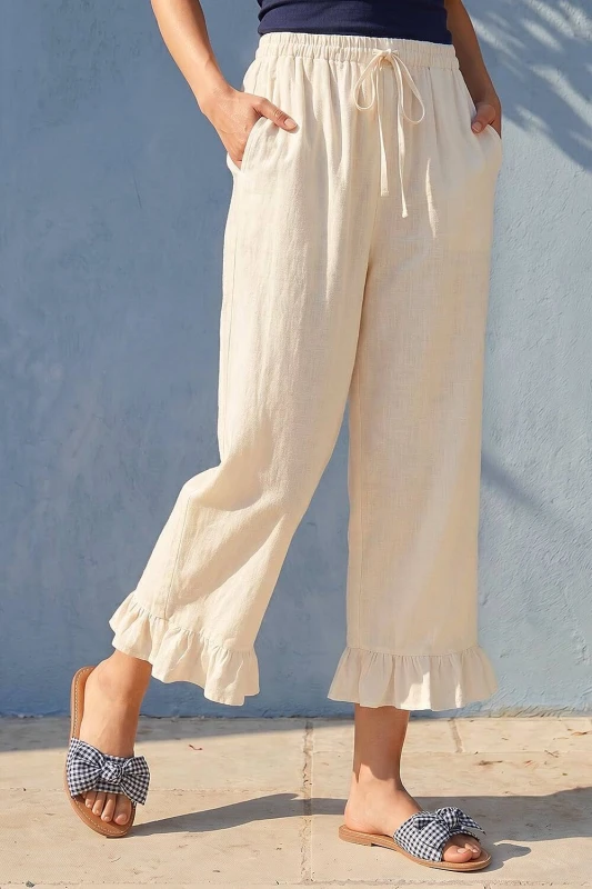 Image of Roman Womens Petite Cropped Frill Hem Trouser in Ivory Size: 12 Ivory Female 12