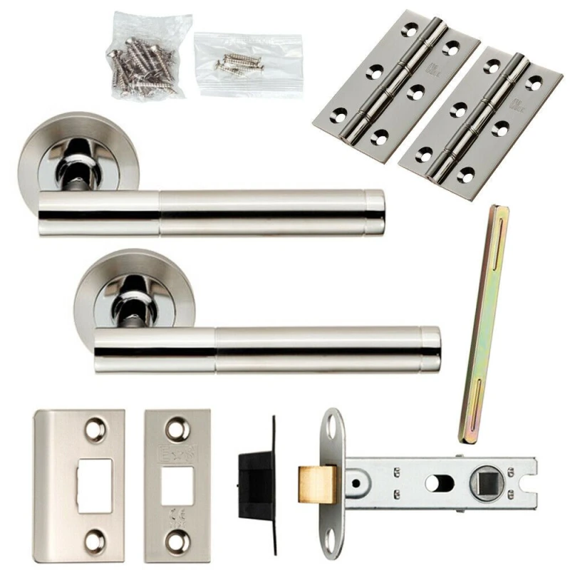 Image of Loops Door Handle & Latch Pack Polished & Satin Steel Round T Bar Screwless Rose Metallics