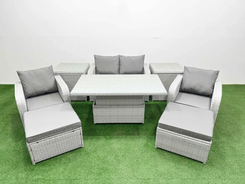 Image of Fimous Light Grey PE Wicker Rattan Garden Furniture Set Sofa Set Reclining Chair Adjustable Lifting Dining or Coffee Table 6 Seater 2 Big Stools 2 Sid