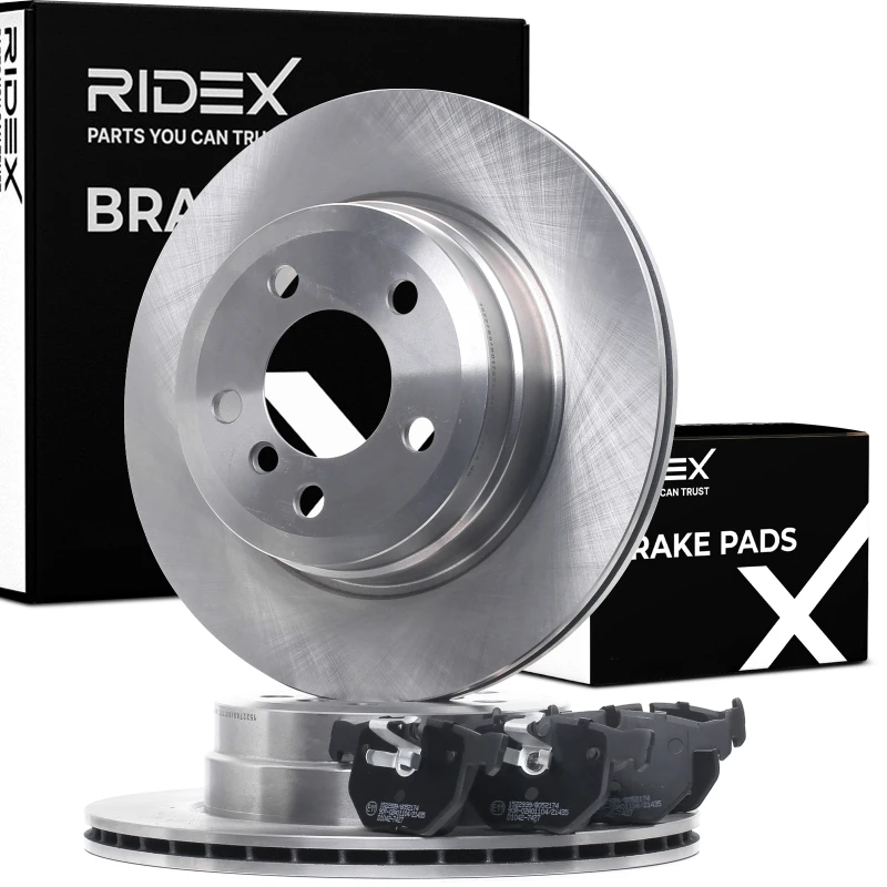 Image of RIDEX 3405B0415 Brake disc and pads set Rear Axle, Brake Disc Type: Vented, with integrated wear sensor, with anti-squeak plate Brake Set,disc brakes