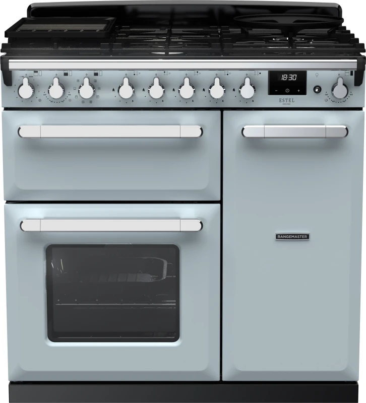 Image of Rangemaster Estel Deluxe ESDL90DFPMSB/CM1 90cm wide Dual Fuel Range Cooker with Gas Hob - Misty Blue / Chrome - A/A Rated