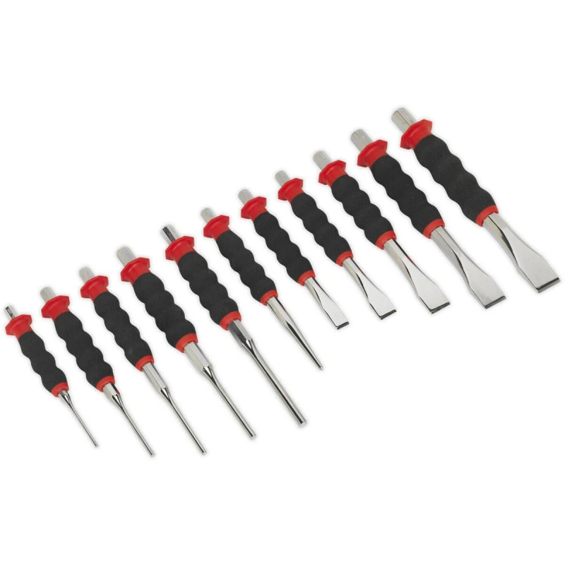 Image of Loops 11 Piece Sheathed Punch & Chisel Set - Hardened & Tempered - Contoured Foam Grip Metallics