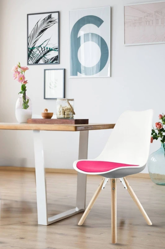 Image of Fusion Living Soho Plastic Dining Chair With Pyramid Light Wood Legs White & Bright Pink FL1800