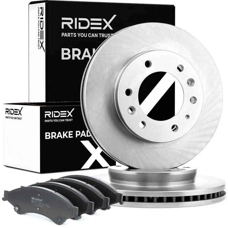 Image of RIDEX 3405B0451 Brake disc and pads set with accessories, Front Axle, Brake Disc Type: Vented, with acoustic wear warning, with brake caliper screws