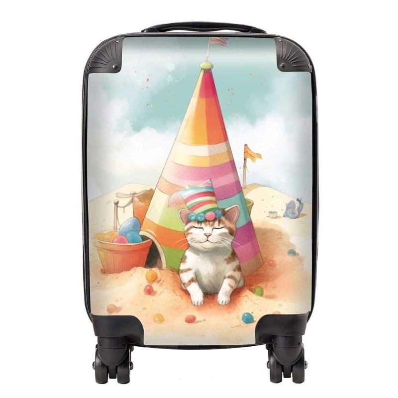 Image of Warren Reed - Designer Cat On A Beach Holiday Suitcase in Yellow Size: Large Yellow Unisex Large