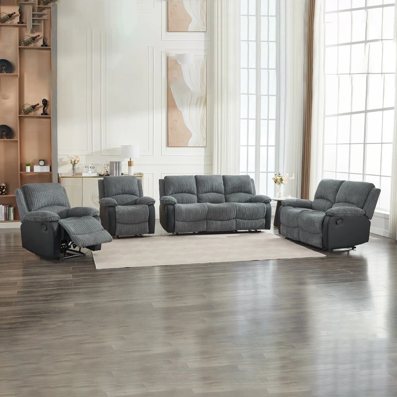Image of FURNITURE ONE Manual Reclining Sofa Set, Corduroy Fabric Sofa Suite - 1+1+2+3 Set in Grey Size: 1 Pack Grey Unisex 1 Pack