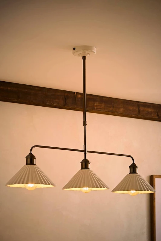 Image of ValueLights Burford White Ceramic Ribbed 3 Drop Diner Bar Ceiling Light with Bulbs in Cream Cream Unisex